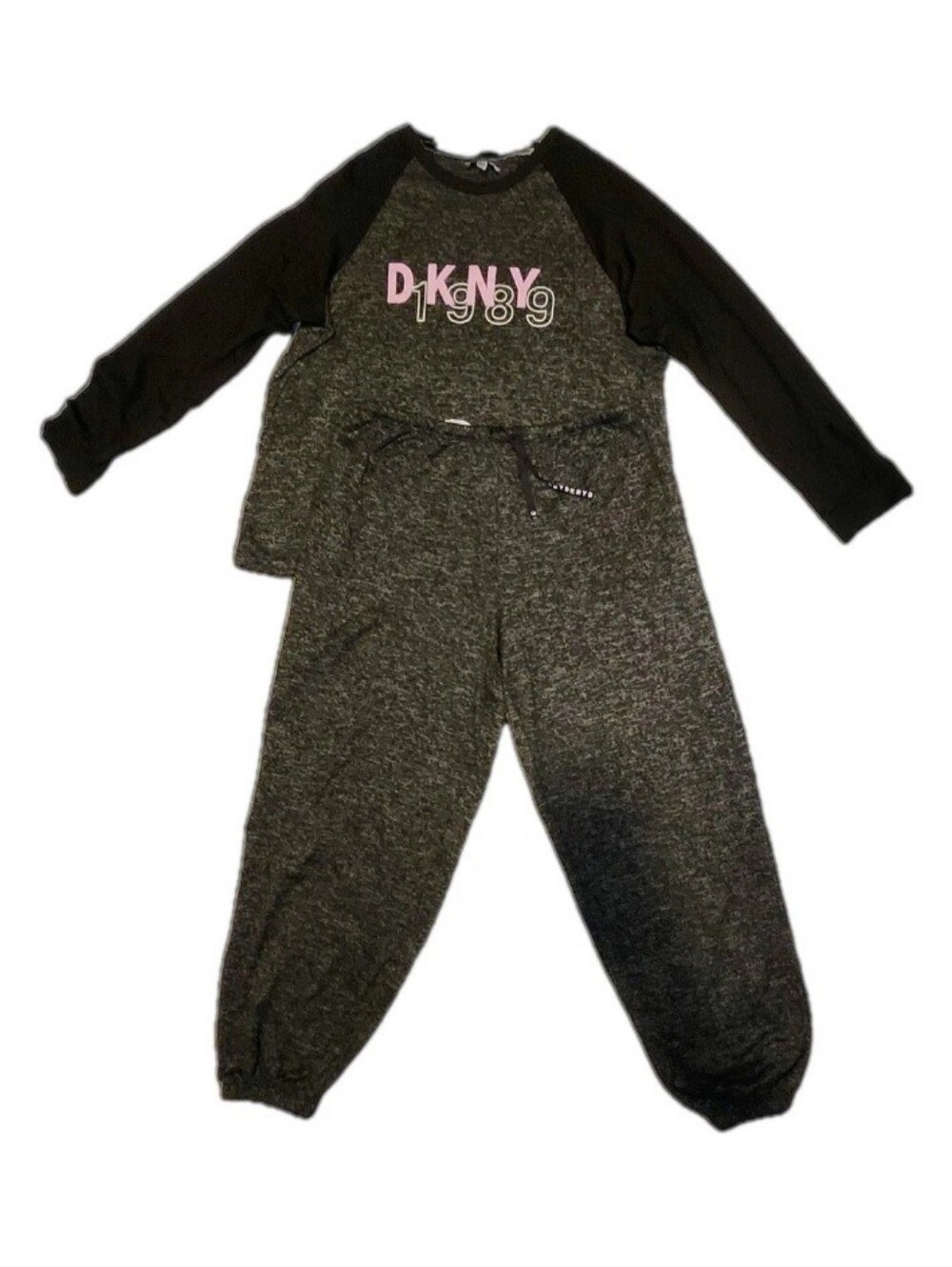 DKNY 1989 Gray & Black Two-Piece Pajama Set with Pink Logo Elastic Waistband